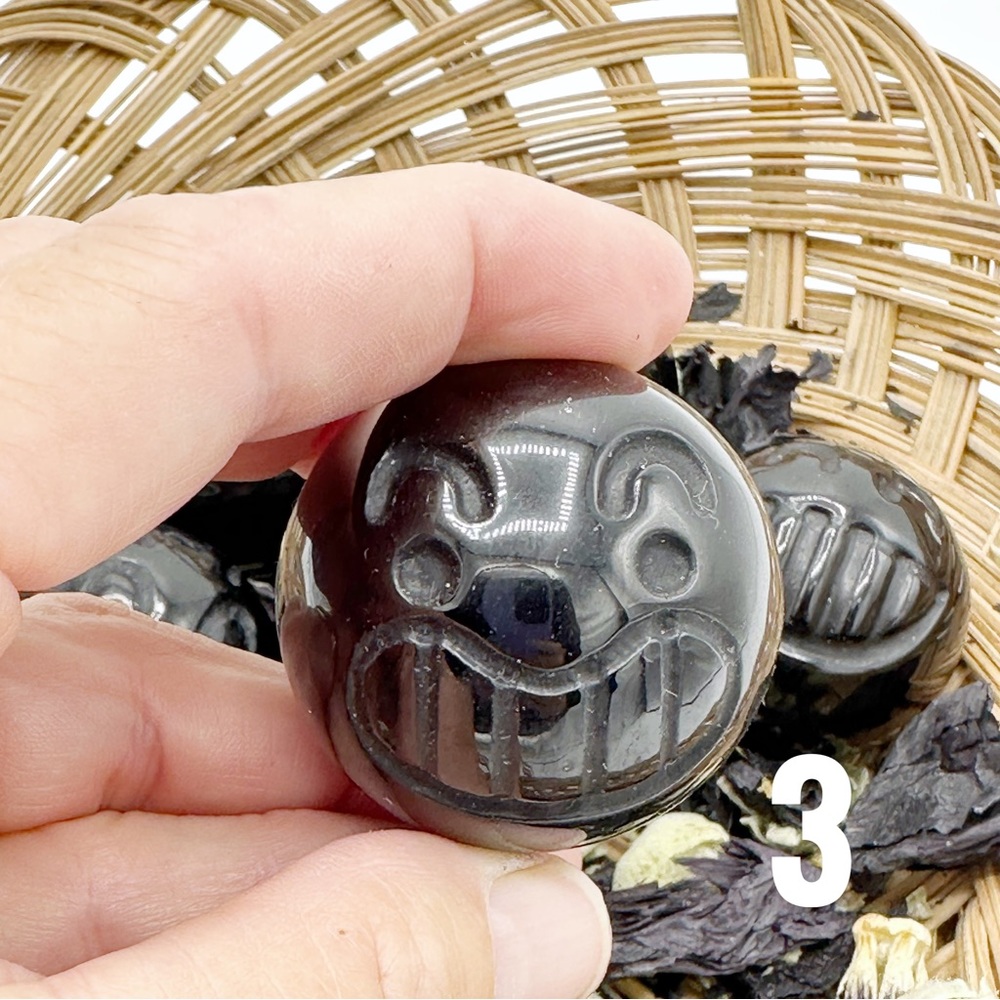 Black Obsidian Sphere Carved Face Psychic Protection Stone (man made) - Picture 6 of 9
